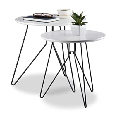 Image de Relaxdays, blanc basses lot de 2, d’appoint rondes, Tables chevet, Pieds en métal, dim. 40 &amp; 48 cm, noir, MDF, acier