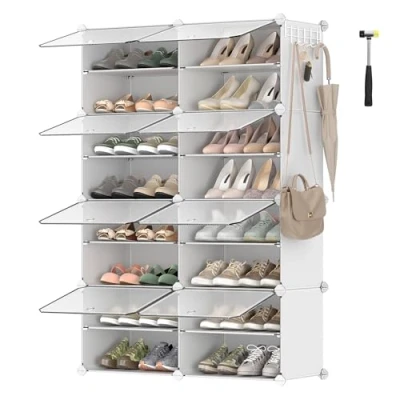Image de SONGMICS Étagère à Chaussures 8 Compartiments, de Rangement Modulable, Compartiment 30 x 40 cm, avec Porte, Cadre en Acier, Panneaux Plastique, Blanc LPC034W01