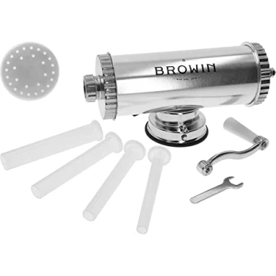 Image de Browin 311009 Machine à Saucisses Horizontale 1,5 kg avec Piston en Silicone Poussoir a Saucisse Manuel Acier Inoxydable 4 Tubes de Remplissage Dimention différentes