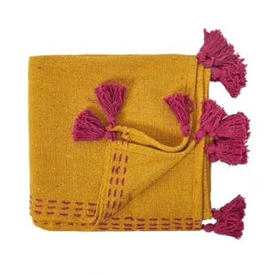Image de Jeté de Canapé Coton &quot;Pompons&quot; 130x150cm Ocre