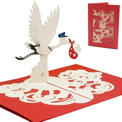 Image de LINPopUp®, LIN17404, pop up carte naissance, de vœux naissance bébé cartes 3D cigogne clochette, N709