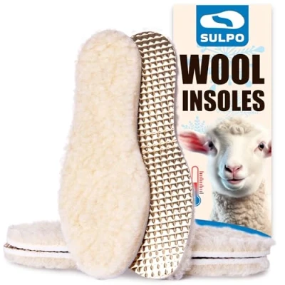 Image de SULPO 2 Paires Semelles d’Hiver Enfant Douces &amp; Chaudes, Laine de Mouton Naturelle Isolation Mousse Polyuréthane Feuille d&#039;Aluminium Doublures Isolantes Temps Froid Tailles : 23 50