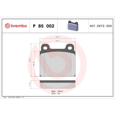 Image de BREMBO P 85 002 Jeu de plaquettes frein contact signal d&#039;usure exclu sans accessoires VOLKSWAGEN: TRANSPORTER 3 Kasten, Bus
