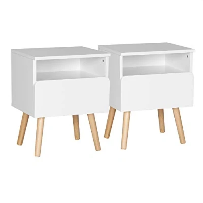 Image de WOLTU Lot de 2 Tables Chevet avec Tiroir et Compartiment Ouvert, Table Nuit Basse Pieds en Bois Pin, Design Moderne pour Chambre Salon, 40x33,5x50cm, Blanc, TSR58ws