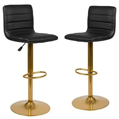 Image de Flash Furniture Vincent Lot de 2 tabourets Bar Modernes réglables en Vinyle Noir avec Dossier et Base sur Pied doré