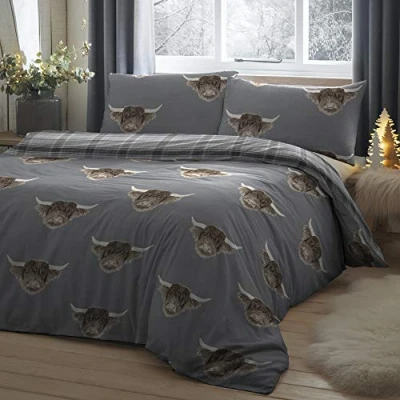 Image de Fusion Housse de Couette Motif Vache Highland Lit Double (200 x 200 cm) Design réversible en Flanelle Ferme Gris Cadeaux