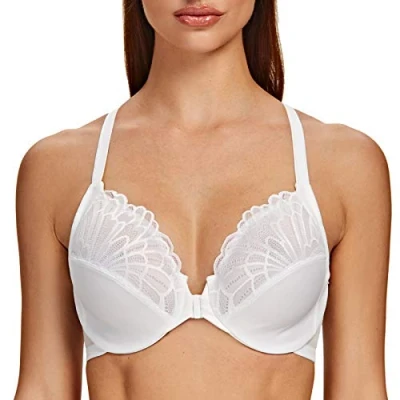 Image de MELENECA Femme Soutien Gorge Grande Taille Fermeture Devant Dentelles Racerback Non Rembourré Blanc 100C