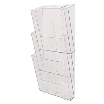 Image de Exacompta Réf. 74358D Lot de 2 distributeurs prospectus Format A4 vertical 3 compartiments profondeur 26 mm A fixer au mur Dimensions : 17,5 x 23,8 50,4 cm Transparent