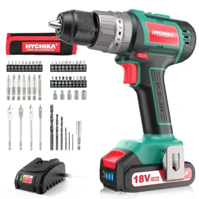 Image de HYCHIKA Perceuse Visseuse Sans Fil 60Nm, 18V Professional Percussion Balais avec2.0Ah Li ion Batteries, 53PCS Accessoires, Réglage du Couple 21+3, Chargeur Rapide, LED Intégrée