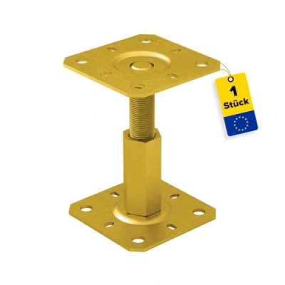 Image de GRUNDLINE Pied de support Ancrage poteau Filetage réglable En hauteur acier Douille à visser PR 100 x mm Zinc galvanisé jaune Pour clôtures, abris, pergolas