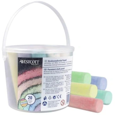 Image de Westcott E 744985 00 Lot de 20 craies trottoir colorées pour enfants dans un seau transport pratique Facile à laver Convient asphalte, tableau noir ou pierre