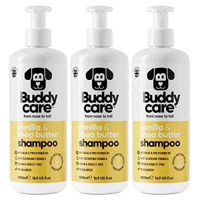 Image de Shampooing à la Vanille et au Beurre de karité par Buddycare hydratant pour Chiens Parfum Frais avec l&#039;aloe Vera provitamine B5 (500ml x3)