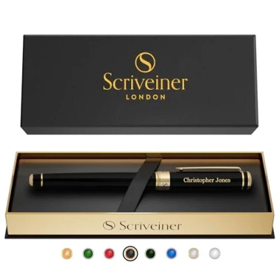 Image de Scriveiner Stylo Rollerball Noir, laque noir jais et or 24K, recharge Schmidt. Cadeau de luxe personnalisé avec gravure du nom, idéal pour hommes femmes. Coffret élégant inclus.
