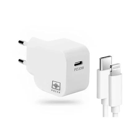 Image de PULSE® Chargeur USB C 30W Technologie GaN Charge Ultra Rapide 60% en 30 Min Câble vers Lightning de 1m Compact et Idéal pour Voyages Compatibilité Universelle iPhone, Samsung, Mac, Win