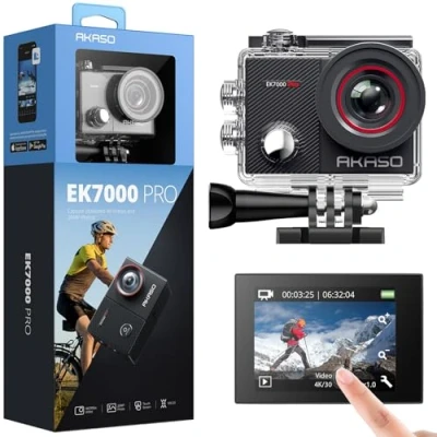 Image de AKASO Caméra Sport 4K 30fps 20MP WiFi d&#039;action avec Ecran LCD Tactile Ultra HD Stabilisateur, Télécommande 2.4 G, 170 Angle Réglable, étanche 40M et 2 Batteries EK7000 Pro