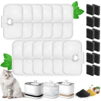 Image de Filtre Fontaine Eau Chat Pack de 12 Filtres Remplacement pour Dockstream à PLWF005, PLWF115, PLWF105, Cartouches Filtrantes et Eponges en Mousse