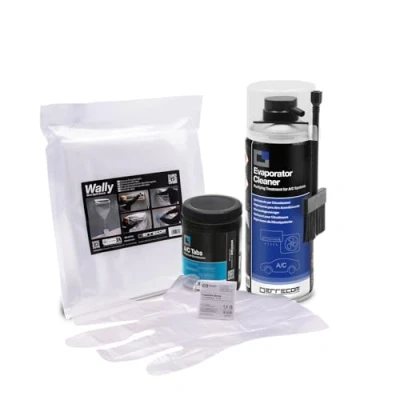 Image de ERRECOM Kit nettoyage climatisation, contient Evaporator Cleaner PRO nettoyant climatiseur+brosse poils durs, housse de protection Wally, A/C Tabs 40 tablettes climatiseur à action prolongée, gants