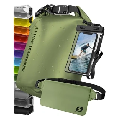 Image de Sac Étanche avec Pochette Téléphone Et Banane (20L, Vert Olive) IPX8 Fermeture À Enroulement Natation, Bateau, Plage, Stand Up Paddle