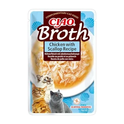 Image de INABA Ciao Broth Poulet &amp; Pétoncles Friandise pour Chat Humide Délicieuse et Saine Sauce Plat d&#039;accompagnement Complément Naturel sans Céréales Pâtée 1 x 40g