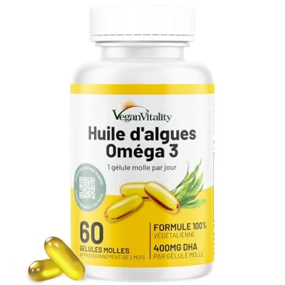 Image de Omega 3 Vegan huile d&#039;algues 400 mg DHA par capsule, 60 capsules, soit 2 mois d&#039;huile vegetale. Remplace de foie morue, convient à tous les régimes vegan/végétariens.