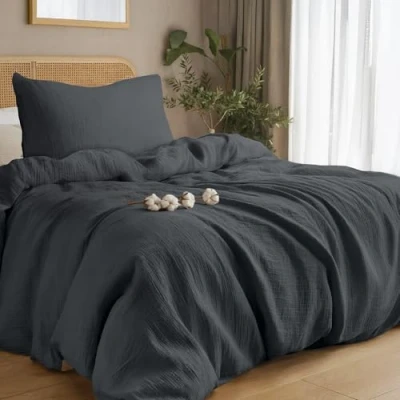 Image de Dreamzie Housse de Couette Gaze Coton 135x200 cm, Gris Foncé, avec 1 Taie Oreiller 80x80 Parure Lit Léger et Respirant Linge Certifié Oeko Tex