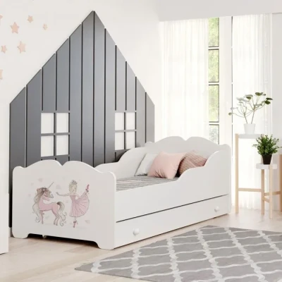 Image de KOBI Lit Enfant Anna Blanc avec Licorne Rose et Ballerine Rangement é Tiroir 160x80 cm Petite Fille Lits pour Enfants Un Matelas Cadre la Chambre Bebe