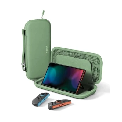 Image de Belkin Gaming Pochette de Transport pour Nintendo Switch 2 (Compartiments AirTag et Cartes Jeux, étui léger Portable avec Coque Protection revêtement intérieur Doux au Toucher, Vert)