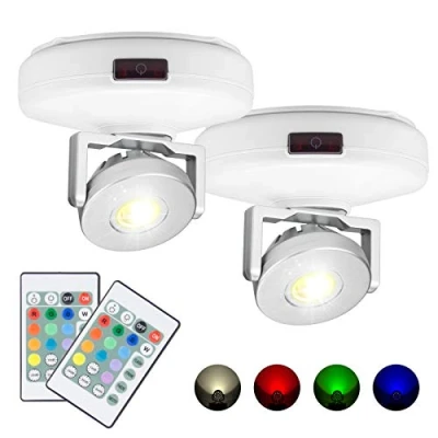 Image de HONWELL LED Spots de plafond Plafonnier, Projecteur Plafonniers sans fil à piles télécommandés, Lumière d&#039;image avec des lumières rotatives Tête pour armoire Artwork Dart Board, Blanc,Paquet 2