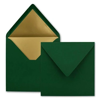 Image de FarbenFroh by Gustav Neuser Lot de 50 enveloppes à lettre, carrées, 15,5 x cm, vert foncé, doublées papier doré, collage humide