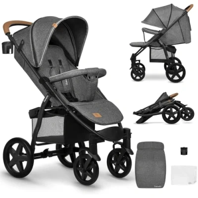 Image de LIONELO Annet Plus poussette bebe à 22 kg, auvent avec fenêtre, roues EVA, chancelière moustiquaire porte gobelet, réglage du dossier jusqu’à la position couchée (Gris, STANDARD)