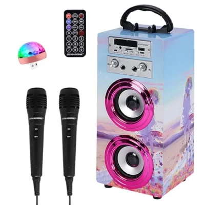 Image de Machine à Karaoké Portable DYNASONIC avec 2 Micros, Enceinte Haut Parleur Bluetooth, Designs Exclusifs, Lecteur USB/SD, Lumières, Cadeau pour Enfants (Modele 17 lumière)