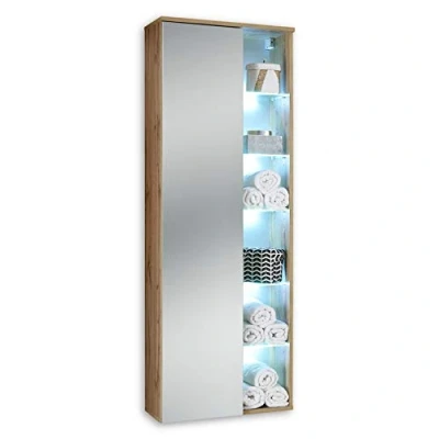 Image de Stella Trading BEST Armoire murale de salle bain avec lumière LED en look chêne sauvage haute beaucoup d&#039;espace rangement 55 x 160 30 cm