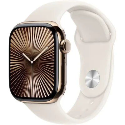 Image de Apple Watch Series 10 (GPS + Cellular 42 mm) Smartwatch mit Titangehäuse in Gold und Sportarmband Polarstern (S/M). Fitnesstracker, EKG App, Always on Retina Display, Wasserschutz