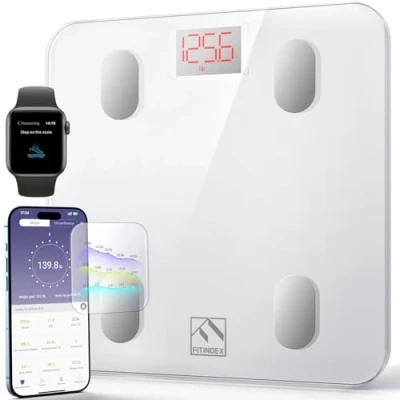 Image de Pèse Personne Impédancemètre, FITINDEX Balance Connecté, Bluetooth Salle de Bains Impedancemetre avec 13 Données Corporelles (BMI/Muscle/Graisse Corporelle/Masse Osseuse), Blanc