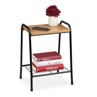 Image de relaxdays Table d&#039;appoint, Plateau en Aspect Bois, Cadre métal, Polyvalent, HxLxP : 48 x 35 29,5 cm, Noir/Nature, 80% Fer 20% Panneau de Fibres, 1 unité