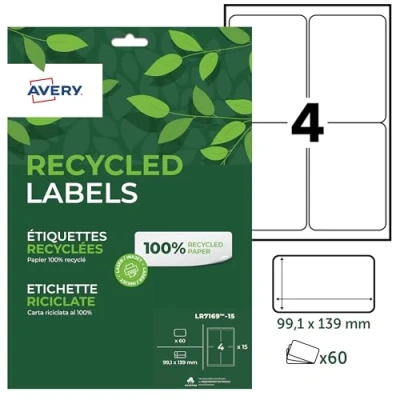 Image de AVERY 60 Étiquettes Autocollantes Blanches Personnalisables 100% Recyclées Format 99,1 x 139 mm Impression Laser et Jet d&#039;Encre