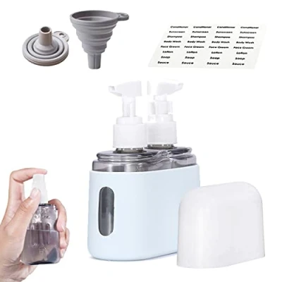 Image de Mini Shampoo Dispenser Portable Travel Bottle Set, Refillable Bottles Set for Toiletries, Shower Lotion (2 in 1,Blue)
