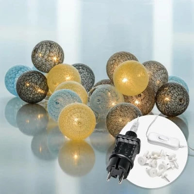 Image de CozyHome Bleu guirlande lumineus boule coton 20 Led &amp; 6m Blanc chaud I Avec fiche Guirlandes lumineuses chambre Fairy lights intérieur decoration Girlande interieur Fil lumineux d&#039;intérieur