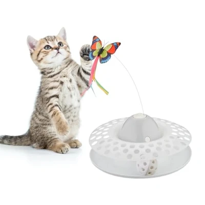 Image de Relaxdays Jouet pour Chat, Papillon Rotatif à 360, Circuit avec Balle, interactif, H x D : 33,5 22 cm, Blanc