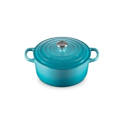 Image de Le Creuset Cocotte Signature en Fonte Émaillée avec Couvercle, 22 cm, Ronde, 3,3 L, 3,932 kg, Bleu Caraïbes, 21177221702430