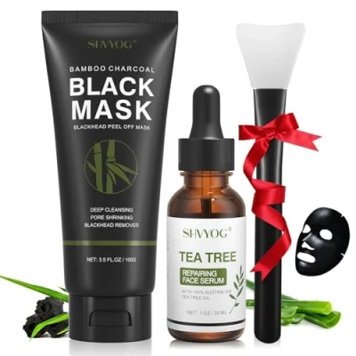 Image de Masque de Points Noirs Peel Off Blackhead Remover au Charbon Dissolvant les avec Sérum Arbre à Thé, Nettoyage en Profondeur Purifiant, Acné, Rétrécissement des Pores(100g+30ml)