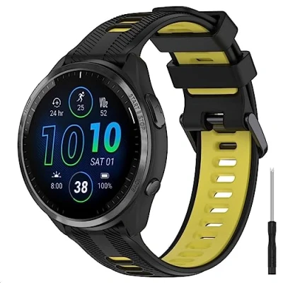 Image de GIOPUEY Bracelet Compatible avec Garmin Forerunner 965/955/945/745, Souple TPU Sangle [Conception de Couleur d&#039;épissage] Black/Yellow
