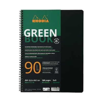Image de RHODIA 119912C Cahier Greenbook 100 % Recyclé et Recyclable A4+ 22,5 x 29,7 cm Petits Carreaux 160 p Détachables Perf. 4 Trous Papier Clairefontaine 90 g/m² FSC® Polypro Noir
