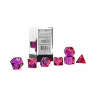 Image de Chessex Lot de dés Gémeaux 16 mm : rouge translucide / violet or Donjons et dragons D&amp;D DND TTRPG Comprend 7 D4 D6 D8 D10 D12 D20 D%