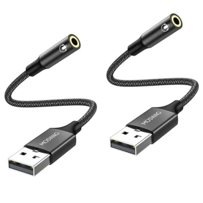 Image de MOSWAG Adaptateur USB vers Prise Audio (2 pièces), de Carte Son Externe convertisseur Aux stéréo 3,5 mm Compatible avec Casque, PC, Ordinateur Portable, Linux, Bureau, PS4