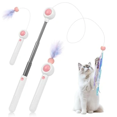 Image de Gerbala Jouet à Plumes pour Chats, Chat interactif, 1 Rétractable Canne a Peche avec 2 Rechange, Exercice et Divertissement