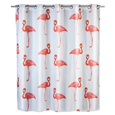 Image de WENKO Rideau de Douche Anti moisissure Flex Flamant Rose antibactérien, Lavable, Anneaux intégrés, Polyester, 180 x 200 cm, Multicolore