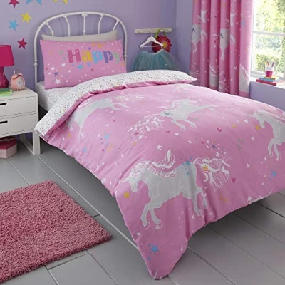Image de Bedlam Parure de lit réversible 2 pièces avec imprimé Licorne phosphorescente pour Enfants, Multicolore, Simple, Rose Fluo