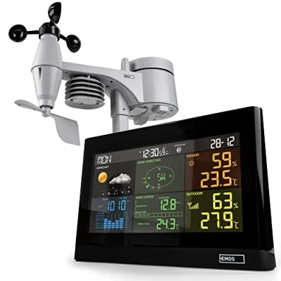 Image de EMOS Station Météo Intérieur Extérieur sans Fil avec Pluviomètre et Anémomètre Date &amp; Heure, Température, Humidité, Pression de l&#039;Air, Indice Chaleur Confort Prévision 12 24h
