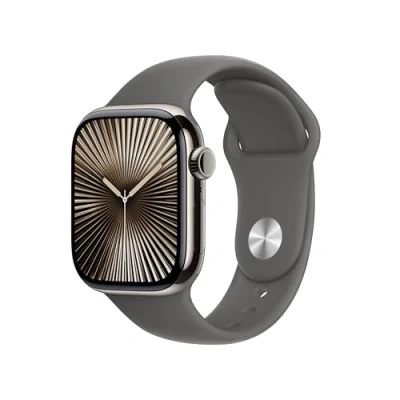 Image de Apple Watch Series 10 (GPS + Cellular 42 mm) Smartwatch mit Titangehäuse in Natur und Sportarmband Steingrau (M/L). Fitnesstracker, EKG App, Always on Retina Display, Wasserschutz